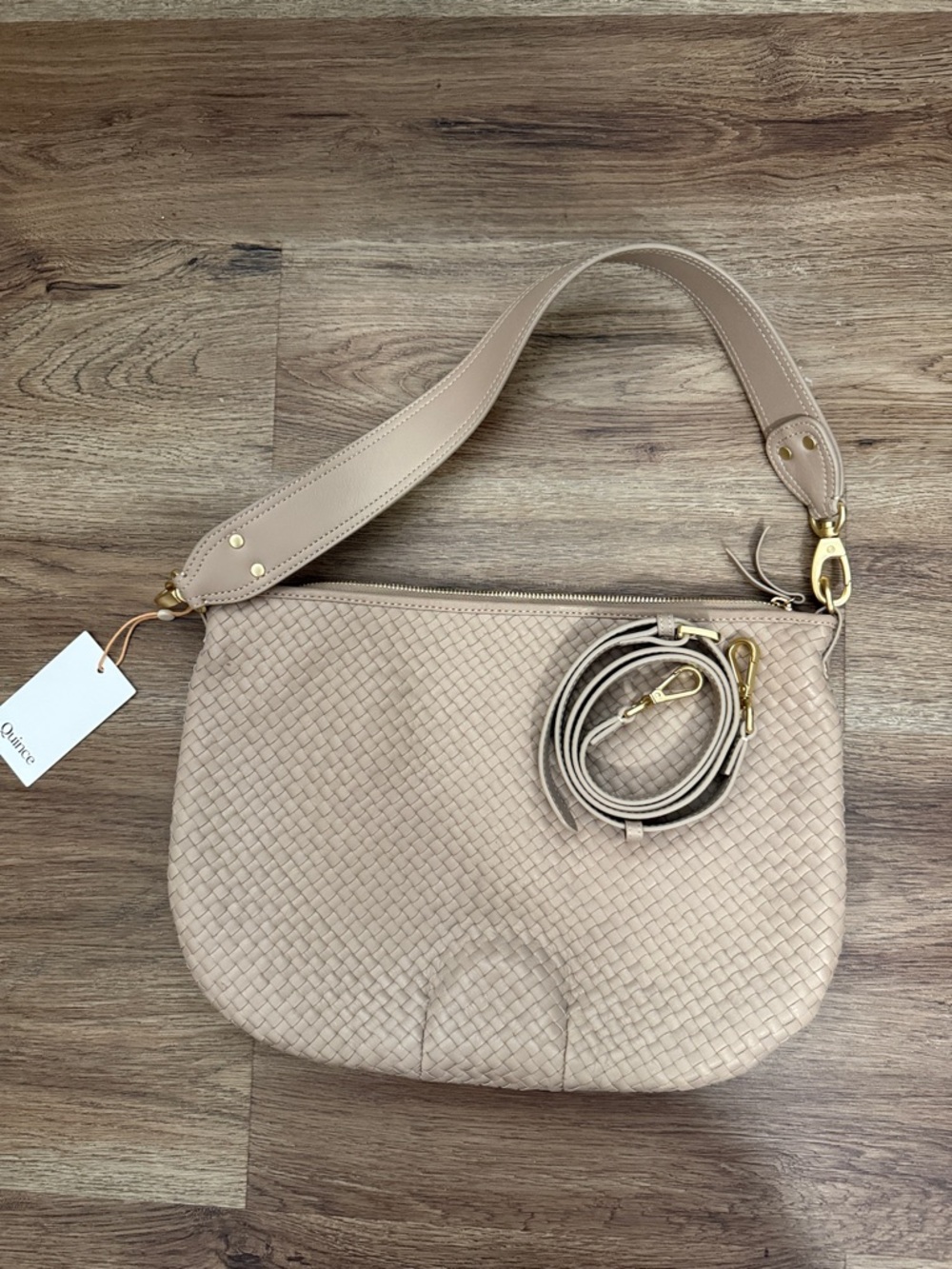 Quince Beige Woven Leather Shoulder Bag with Gold Hardware - SIZE LARGE